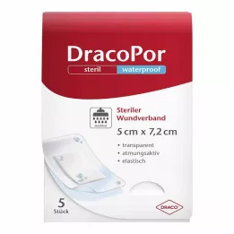 DRACOPOR vandeniui atsparus žaizdų tvarstis 5x7,2 cm sterilus, 5 vnt