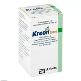 KREON 25 000 kietų kapsulių su enteriškai dengtomis granulėmis, 50 vnt