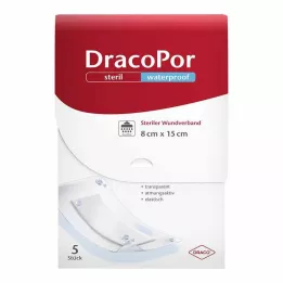 DRACOPOR vandeniui atsparus žaizdų tvarstis 8x15 cm sterilus, 5 vnt