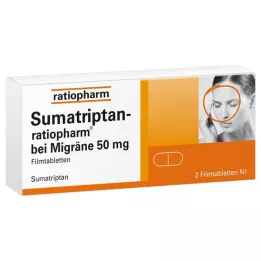 SUMATRIPTAN-ratiopharm nuo migrenos 50 mg plėvele dengtos tabletės, 2 vnt