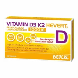 Vitaminas D3 K2 Hevert + Kalcis ir Magnis 1000 IE kapsulės, 60 vnt
